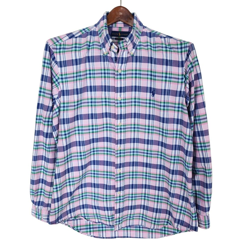 Ralph Lauren Classic Fit Oxford Shirt Mens Large Pink Blue Green Plaid Pony
